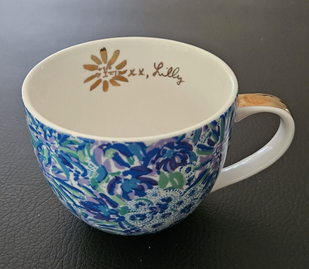 Lilly Pulitzer Coffee Mug 12oz Blue Mauve Allover Floral Print Coastal Grandma